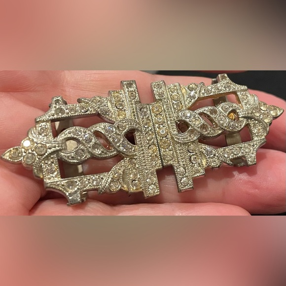 Vintage Accessories - Vintage Art Deco Silver Tone Belt Buckle Faceted Crystals